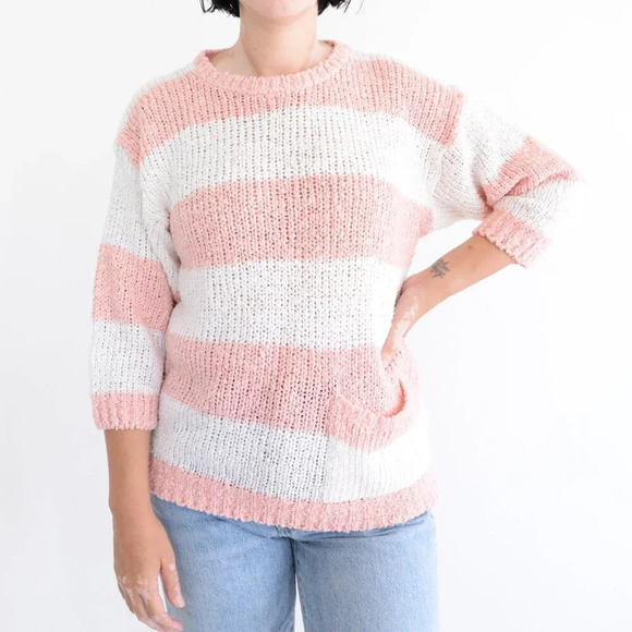 Vintage Sam & Max Pink & White Block Stripes Knit Crewneck Pullover Sweater S - Picture 1 of 9